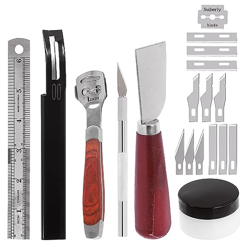 Swpeet 22Pcs Metall Leder Skiver Set, einschließlich Leder Schneiden Messer, Lineal, Schnitzmesser, kleiner Kopf Leder Schneiden Werkzeug, Skiver Werkzeug mit Ersatzklinge, Leder Finish Burnishing von Swpeet