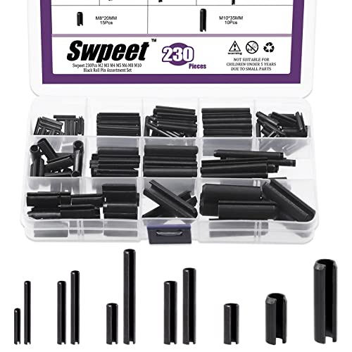 Swpeet 230 Stück 11 Größen M2 M3 M4 M5 M6 M8 M10 Schwarz Metrische Rollstifte Sortiment Set mit Aufbewahrungskoffer, Schlitzfederstift Stahl Schwarz Dübel Spannrolle von Swpeet