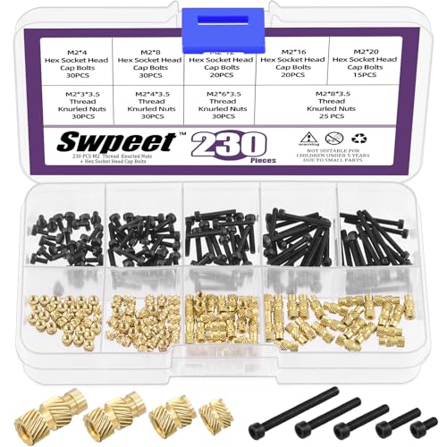Swpeet 230Pcs sortierte M2 12.9 legierte Stahl-Sechskantschrauben und Messing-Gewindeeinsätze Sortiment-Kit, schwarz verzinkte Sechskantschrauben Maschinenschrauben, Messing geknöpfte Muttern von Swpeet