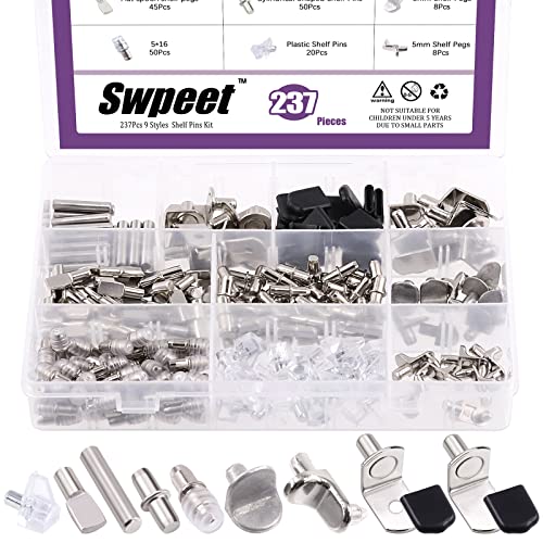 Swpeet 237Pcs 9 Stile vernickelt und Metall Regal Pins Kit mit schwarzen Gummihülsen, Regal Halterung Pegs Schrank Regal Unterstützung Peg Möbel Schrank Regal Pegs für Regallöcher auf Schränken von Swpeet