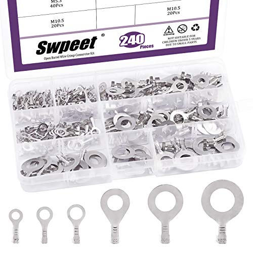 Swpeet 240Pcs Splitter M3.2 M4.2 M5.3 M6.3 M8.4 M10.5 Nicht isolierte offene Barrel Wire Crimp Kupfer Terminal Connector Kit, Ring Lugs Crimp Kabel Klemme für Crimp Solid Wires oder Stranded Wires Swpeet 240Pcs Splitter M3.2 M4.2 M5.3 M6.3 M8.4 M10.5 Nicht isolierte offene Barrel Wire Crimp Kupfer Terminal Connector Kit, Ring Lugs Crimp Kabel Klemme für Crimp Solid Wires oder Stranded Wires von Swpeet