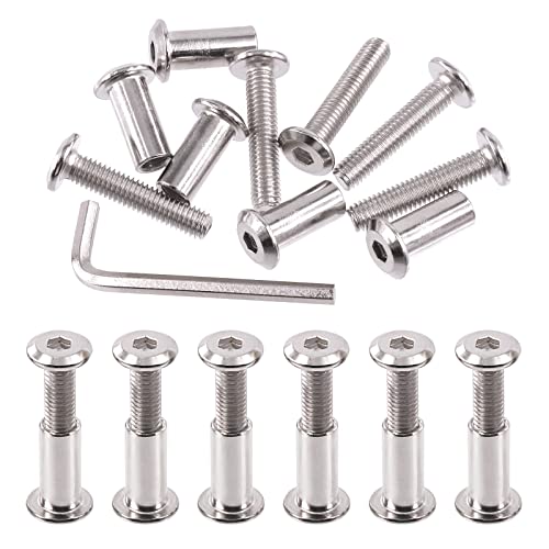 Swpeet 25 Stück M6 x 30 mm vernickelte silberfarbene Bindungsschrauben Innensechskantschrauben Zylindermuttern Sortiment Kit mit 1 Inbusschlüssel, Schraubpfosten passend für Möbel, Senkriemen von Swpeet
