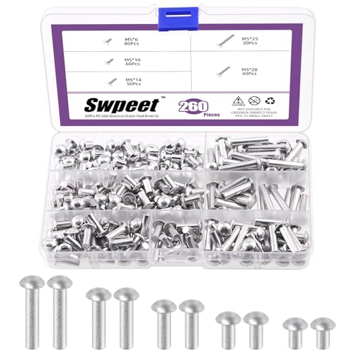 Swpeet 260Pcs M5 × 6mm 10mm 14mm 20mm 25mm feste Aluminium-Lötkopfnieten, Aluminiumniete, glattes Ende, Universalkopf, hohe Korrosionsbeständigkeit für die Reparatur von Booten, Flugzeuge von Swpeet