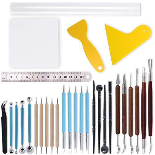 Swpeet 30-teiliges Modelliermasse-Werkzeug-Set, Kugel-Stylus Werkzeuggriff, doppelseitiges Set, Doppelend-Punktierwerkzeuge, Kunststoffkugelstange, Modellierwerkzeuge, Tonroller, Ton-Scarper von Swpeet