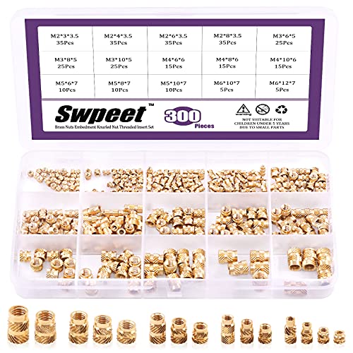 Swpeet 300 Stück 5 Werte M2 M3 M4 M5 M6 Innengewinde Rändelmuttern Messing Gewindeeinsatz Einbettmuttern hydraulisch geschweißte Gelenke Spritzguss Sortiment Kit perfekt für 3D-Druck-Spritzguss von Swpeet