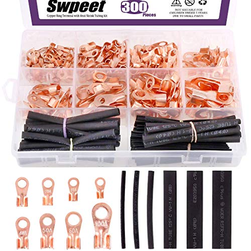 Swpeet 300 Stück Kupfer-Ringkabelschuhe mit offenem Zylinder, Draht, Crimp Kupferring-Ösen, Terminalverbinder mit 2:1 Schrumpfschlauch-Sortiment (OT 5A 10A 20A 30A 40A 50A 60A 100A) von Swpeet