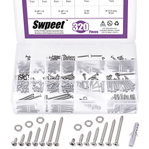 Swpeet 320 Stück #4 x 1/4 Zoll 3/8 Zoll 1/2 Zoll 5/8 Zoll 3/4 Zoll 1 1/4 Zoll 304 Edelstahl Flachkopf und Flachkopf Schnelle selbstschneidende von Swpeet