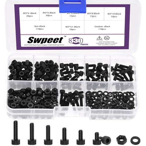 Swpeet 330Pcs M3 6 Größen Schwarz Nylon Hexagon Sockel Schrauben Muttern mit Unterlegscheiben Assortiment Kit, Kunststoff Hex Sockel Kopf Kappe Schrauben Muttern, Länge 4/5/6/8/10/12mm Swpeet 330Pcs M3 6 Größen Schwarz Nylon Hexagon Sockel Schrauben Muttern mit Unterlegscheiben Assortiment Kit, Kunststoff Hex Sockel Kopf Kappe Schrauben Muttern, Länge 4/5/6/8/10/12mm von Swpeet