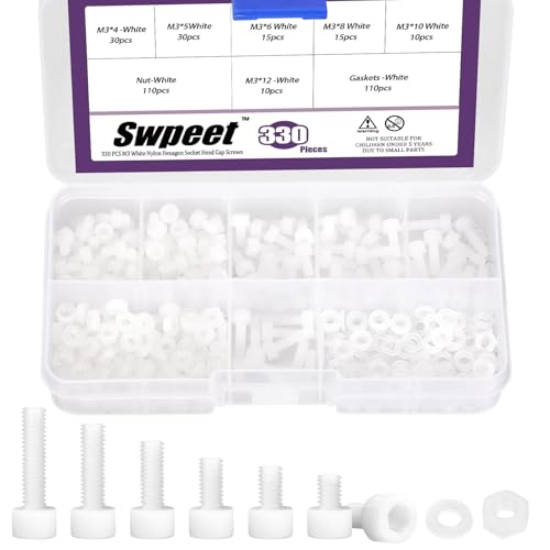Swpeet 330Pcs M3 6 Größen weiße Nylon Sechseck Socket Schraubenmutter mit Scheiben Sortiment Kit, Kunststoff Hex Socket Kopf Cap Schrauben Schraubenmutter, Vollgewinde Hex Knurled Kunststoff Schrauben von Swpeet