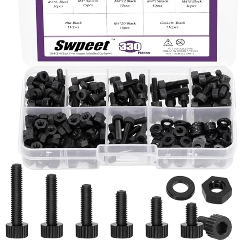 Swpeet 330Pcs M4 6 Größen Schwarz Nylon Hexagon Sockel Schrauben Muttern mit Unterlegscheiben Assortiment Kit, Kunststoff Hex Sockel Kopf Kappe Schrauben Muttern, Länge 6/8/10/12/15/20mm Swpeet 330Pcs M4 6 Größen Schwarz Nylon Hexagon Sockel Schrauben Muttern mit Unterlegscheiben Assortiment Kit, Kunststoff Hex Sockel Kopf Kappe Schrauben Muttern, Länge 6/8/10/12/15/20mm von Swpeet