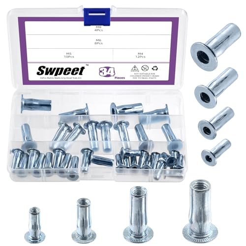 Swpeet 34Pcs 4-Größen M4 M5 M6 M8 Metrischer Kohlenstoffstahl Weiß verzinkte Multi-Grip Nietmuttern Plus Muttern Sortiment Kit, Bulged Schaft Flachkopf Gewindeeinsatz Mutter Bau Befestigungsmittel von Swpeet