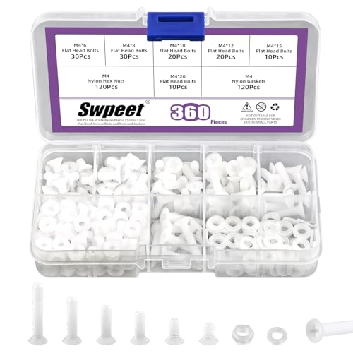 Swpeet 360Pcs 6 Größen M4 Weiß Nylon Phillips Kreuz Flachkopfschrauben mit Muttern und Dichtungen Sortiment Kit, Nylon Senkkopf Flachkopfschrauben, Länge 6/8/10/12/15/20mm Swpeet 360Pcs 6 Größen M4 Weiß Nylon Phillips Kreuz Flachkopfschrauben mit Muttern und Dichtungen Sortiment Kit, Nylon Senkkopf Flachkopfschrauben, Länge 6/8/10/12/15/20mm von Swpeet
