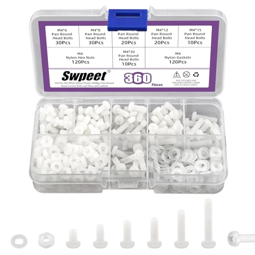 Swpeet 360pcs 6 Größen M4 weiße Nylon Pan Rundkopfschrauben mit Hex-Muttern und Dichtungen Sortiment-Kit, Nylon Phillips Cross Pan Rundkopfschraube, Plastik Maschinenschrauben, Länge 6/8/10/12/15/20mm von Swpeet