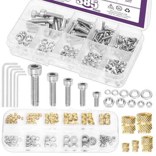 Swpeet 385Pcs 5 Größen M2 M2.5 M3 M4 M5 Hex Sockel Schrauben und Messing Gewindeeinsätze mit Muttern Unterlegscheiben Hexagon Schrauben Assortiment Kit, 304 Edelstahl Hexagon Sockel Kopf Schrauben von Swpeet