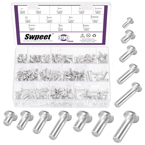 Swpeet 390 Stück 12 Größen M3 M4 M5 M6 Aluminium Flachkopf Halbröhrnieten Sortiment Kit Runde Flachkopf Halbrohrnieten in Silberton für Handwerk Reparaturen und Dekoration von Swpeet