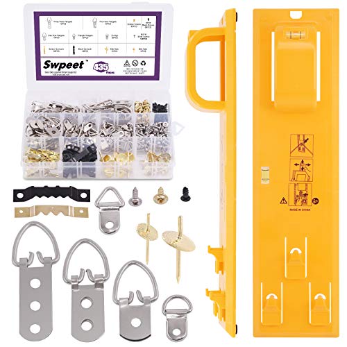 Swpeet 435Pcs Bild Aufhänger mit gelben Bild hängen Ebene Tool Sortiment Kit, Heavy Duty Picture Hangers One Step Kleiderbügel, Haken, D-Ring für Bild hängen Lösungen mit transparenten Box von Swpeet