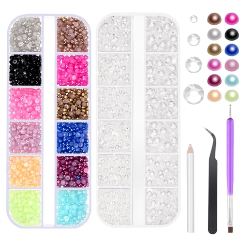 Swpeet 4403Pcs 2mm 3mm 4mm 5mm Clear Flat Crystal Strass und 12-Farben 3mm Halbkreis Flat Back Pearl Assortiment Kit, einschließlich Pinzette Dotting Tool Picker Bleistift von Swpeet