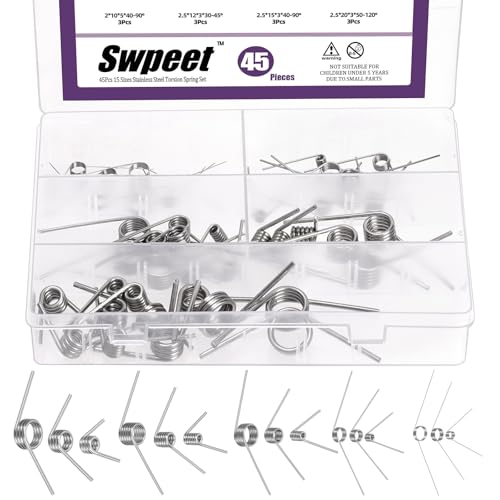 Swpeet 45P Stainless Steel Small Torsion Spring 15 Größen 45/90/120 Grad Edelstahl Torsionsfedern Sortiment Kit, mechanische kleine Torsionsfeder für Heimreparatur Holzbearbeitung DIY Projekt von Swpeet
