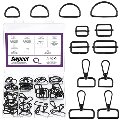 Swpeet 48pcs 4 Größen Schwarzes Metall D Ring & Rechteck Justierer Triglides Rutschen Schnalle & D Ring Drehbare Hummer Verschluss Kit, Halbkreis D Ringe Rollenstift Schnallen Drehbare Snap Haken von Swpeet