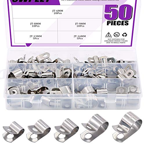 Swpeet 50 Stück 304 Edelstahl 6 mm - 16 Vinylbeschichtete Kabelschellen Sortimentskit, ohne Gummi gepolsterte isolierte Klemme, Metallklemme, Rohrhalter für Rohr-, Rohr- oder Drahtschnur-Installation von Swpeet