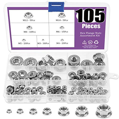 Swpeet 50 Stück 304 Edelstahl gezahnte metrische Flanschmuttern Sechskantmuttern Sortiment Kit, 7 Größen – M3 M4 M5 M6 M8 M10 M12, Fnut, Assortment Kit von Swpeet