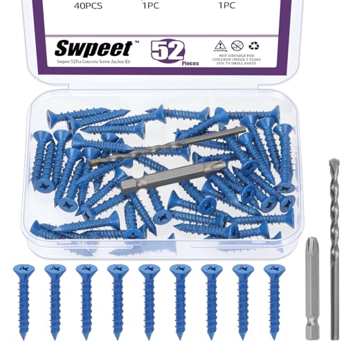Swpeet 52Pcs 3/16" x 1-1/4" Flachkopf Betonschraubenanker mit Schraubendreher-Bit und Bohrmaschine Sortiment-Kit, Betonschrauben Selbstschraubende Zementschrauben zur Verankerung auf Mauerwerk Swpeet 52Pcs 3/16" x 1-1/4" Flachkopf Betonschraubenanker mit Schraubendreher-Bit und Bohrmaschine Sortiment-Kit, Betonschrauben Selbstschraubende Zementschrauben zur Verankerung auf Mauerwerk von Swpeet