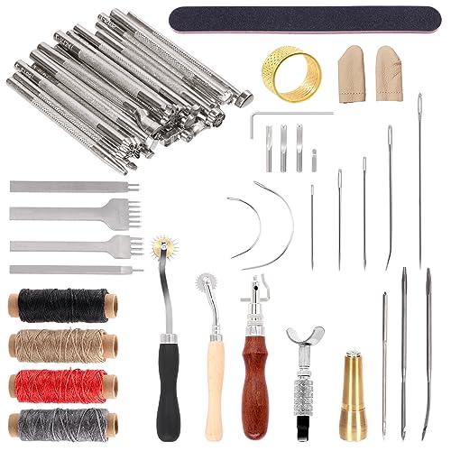 Swpeet 53Pcs Leder-Werkzeuge, Leder-Kit mit Leder-Stempel-Tools, Swivel-Messer, Tracing Räder, Leder Nähnadeln, 7-in-1 einstellbare Nähen Groover Tool, flache Meißel, gerade/Haken Nadeln von Swpeet