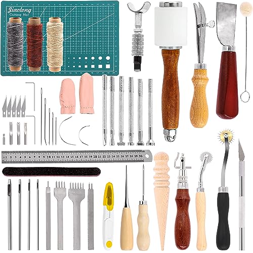 Swpeet 58Pcs Leather Tooling Kit, Essential Leder arbeiten Werkzeuge und Zubehör, einschließlich Leder Locher, flache Meißel, Ahlen, Tracing Räder, multifunktionale Groover, Swivel Messer, Rand von Swpeet