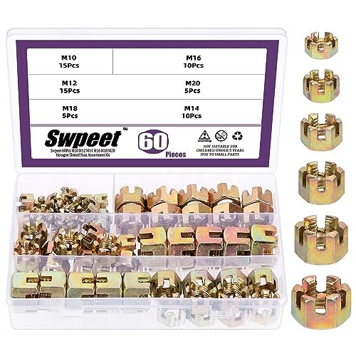 Swpeet 60Pcs 6 Größen Farbe Zink Grade 4.8 Kohlenstoffstahl M10 M12 M14 M16 M18 Sechskantgeschlitzte Muttern Sortiment Kit, Hex Schloss Muttern Hexenmutter für Moto Auto Möbel Befestigungsmittel von Swpeet