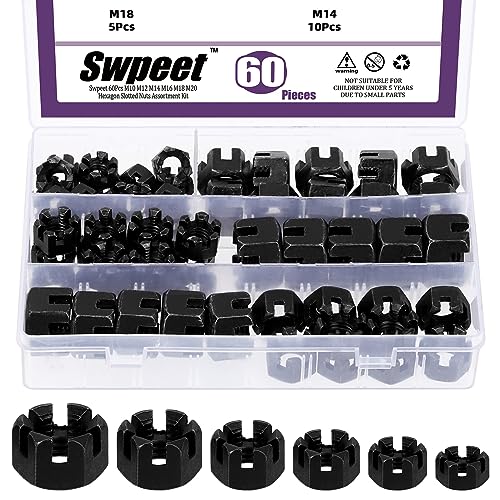 Swpeet 60Pcs 6 Größen Schwarz Grade 4.8 Kohlenstoffstahl M10 M12 M14 M16 M18 Hexagon Nuts Assortiment Kit, Hex Schloss Muttern Hexenmutter für Moto Auto Möbel Befestigungsmittel Reparatur von Swpeet