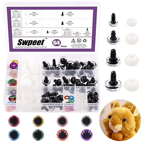 Swpeet 64 Stück 12 mm 16 mm 18 mm 20 mm 8 Farben Glitzer Kunststoff Sicherheitsaugen Sortiment Kit, runde Bastelpuppenaugen mit Unterlegscheiben, halbrunde PuppenTeddybärSpielzeugaugen für von Swpeet