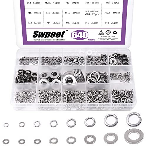 Swpeet 640 Stück 304 Edelstahl 8 verschiedene Größen M2 M2,5 M3 M4 M5 M6 M8 M10 Flachscheibe und Sicherungsscheibe Sortiment Kit, Schloss Metall Unterlegscheiben Kotflügel Unterlegscheiben Split Lock von Swpeet