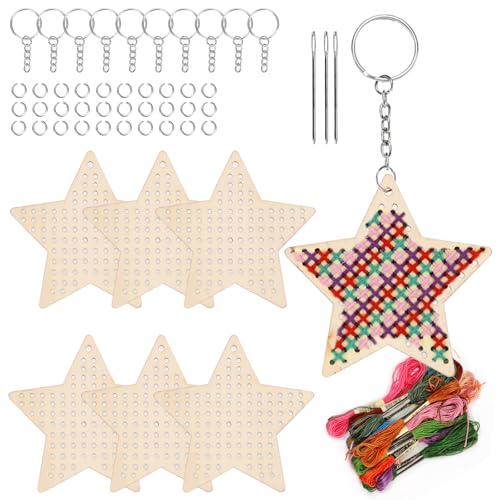 Swpeet 64Pcs Stern Form Holz Kreuz Stich mit Schlüsselbund, Sprung Ring, Faden und Nadeln Sortiment Kit, Holz Näh Kit für Anfänger, Handwerk Nadel Stickerei Kit für DIY hängende Dekor Geschenk Swpeet 64Pcs Stern Form Holz Kreuz Stich mit Schlüsselbund, Sprung Ring, Faden und Nadeln Sortiment Kit, Holz Näh Kit für Anfänger, Handwerk Nadel Stickerei Kit für DIY hängende Dekor Geschenk von Swpeet