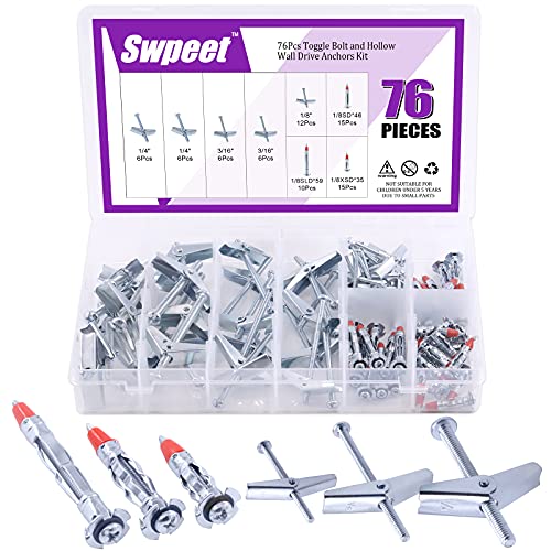 Swpeet 76 Stück Knebelbolzen und Flügelmutter mit 1/8 Zoll Hohlwandantrieb, Anker-Kit zum Aufhängen schwerer Gegenstände an Trockenbauwänden – 1/8 Zoll, 3/16 Zoll, 1/4 Zoll von Swpeet