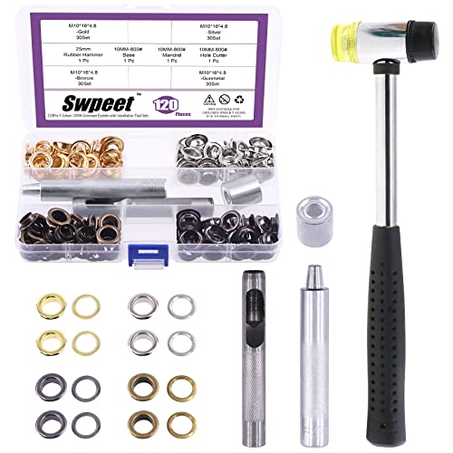 Swpeet 80 Stück – 40 Sets 10 mm Lochösen, dicke 4 Farben, Metallösen, Ösen und 3 Stück Einstellwerkzeug, weicher Gummihammer für die Reparatur von Leinwand, Leder von Swpeet