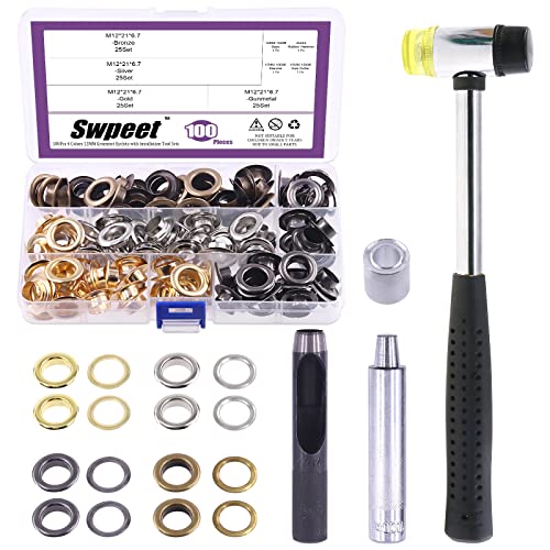 Swpeet 80 Stück – 40 Sets 12 mm Lochösen, dicke 4 Farben, Metallösen, Ösen und 3 Stück Einstellwerkzeug, weicher Gummihammer für die Reparatur von Leinwand, Leder von Swpeet