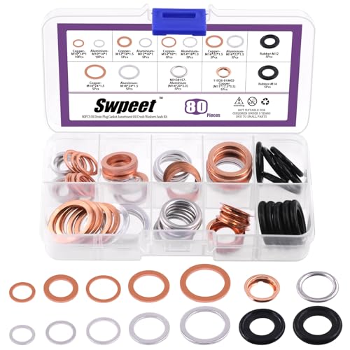 Swpeet 80Pcs 14 Arten Öl Drain Plug Dichtung Assortiment Kit, Aluminium/Kupfer/Gummi Öl Crush Unterlegscheiben Dichtung Kit von Swpeet