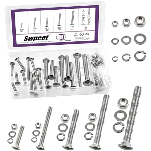 Swpeet 80Pcs 5 Größen M6×30 M6×55 M8×50 M8×70 M10×80 304 Edelstahl-Transportschrauben-Muttern-Unterlegscheiben-Sortiment-Kit, runde Kopf-quadratische Hals-Schrauben, volle Gewinde-Wagen-Bolzen von Swpeet
