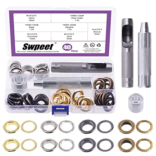 Swpeet 83 Stück – 40 Sets 14 mm Lochdicke Ösen, 4 Farben, Metallösen, Ösen mit Unterlegscheiben und 3 Stück Einstellwerkzeug Metallösen-Set für die Reparatur von Leinwand, Leder von Swpeet