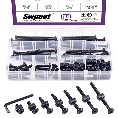 Swpeet 84Pcs schwarz M6 × 15/25/35/45/55/65/75mm Krippe Hardware Schrauben Kit, Hex Socket Kopf Kappe Krippe Kinderbett Bolzen und Fassmuttern mit 1 x Inbusschlüssel Perfekt für Möbel, Kinderbetten von Swpeet