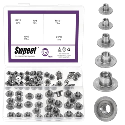 Swpeet 85pcs 5 Größen M4×7.5 M5×7 M6×10 M8×10 M10×13 Kohlenstoffstahl Tee-Mutter, Durch Loch Flansch Einfügen weibliche Gewinde-Muttern, Runde Basis Schweißen Tee-Muttern für Holzmöbel von Swpeet