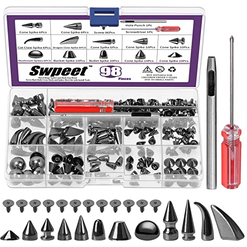 Swpeet 96 Sets 12-Stile Gun-Black Mixed Shape Spikes und Studs Metall Schraube Back Bullet Cone Studs und Spikes Nieten Leder Nieten Kit mit Installationswerkzeugen für DIY Handwerk Leder Handwerk von Swpeet