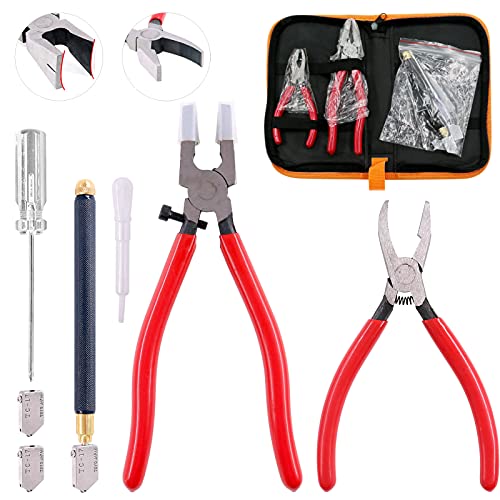 Swpeet 9Pcs Glasschneider Werkzeugsatz, Brecher Grozer Zange und Curve Jaw Glas läuft Zange Kit mit Gummispitzen, Bleistift Öl Feed Hartmetallspitze Glasschneider, 2Pcs Klingen mit Öltropfer und von Swpeet