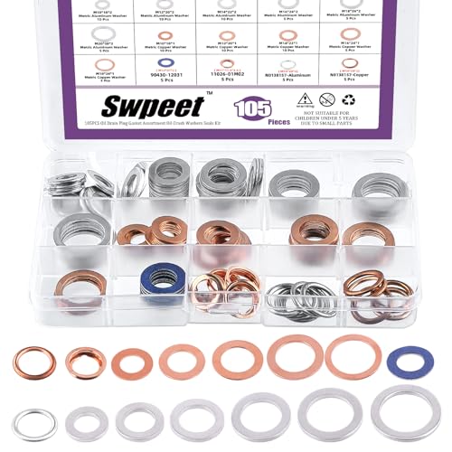 Swpeet Automotive Oil Drain Plug 105Pcs M10 M12 M14 M16 M18 M20 Aluminiumfeder Cooper Unterlegscheibe Dichtung und 4 Styles Öl Abfluss Stecker Sortiment Kit, Öl Crush Unterlegscheiben Dichtungen Kit von Swpeet