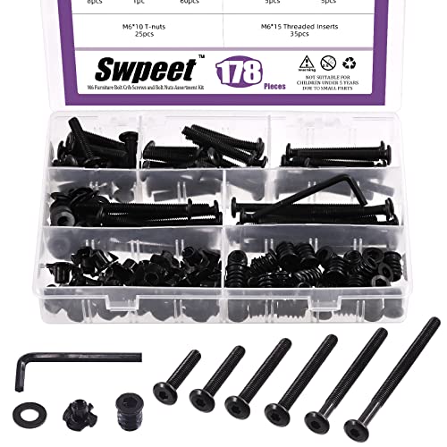 Swpeet Carbon Steel 180 Stück 4 Typen M6 Karbonstahl schwarz Innensechskantn und Gewindeeinsätze Muttern mit T-Nuss 4 Zinken T-Stück Blindmuttern und Unterlegscheiben Set, 1 Stück nschlüssel von Swpeet