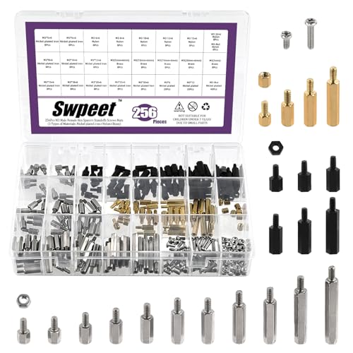 Swpeet Carbon Steel Standoff Male Female Metric Thread (N3) 24 Größen 3 Material Eisen vernickelt Messing oder Nylon Hex Abstandshalter Abstandsschraube Mutter Assortiment Kit, von Swpeet