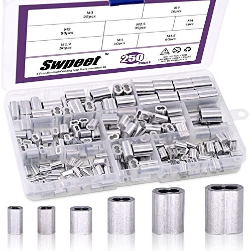 Swpeet Crimpzange aus Aluminium, in 6 Größen, für Drahtseile und Kabel oder alles andere, erfordert starkes Kabel, 250 Stück von Swpeet