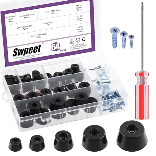 Swpeet Cutting Board Rubber 140Pcs Fünf Größen 0.47''×0.28'' 0.59''×0.31'' 0.75''×0.43'' 1''×0.51'' 1.18''×0.59'' (W×H) Schwarz Runde Gummipads Sortiment Kit mit M3 M4 M5 Schrauben und Schraubendreher von Swpeet
