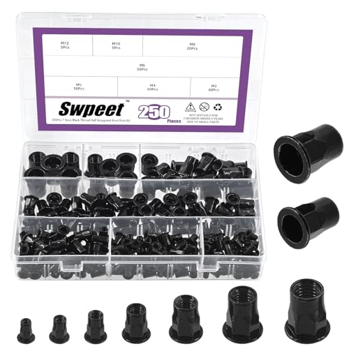 Swpeet Hexagonal Carbon Steel Zink Nietmuttern"M3 M4 M5 M6 M8 M10 M12 Metrisches Gewinde Halbsechskant Kohlenstoffstahl Verzinkt Nietmuttern Sortiment Kit, flacher Kopf Gewindeeinsatz Mutter Assort von Swpeet