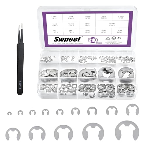 Swpeet Innenzahn-Sternsicherungsscheiben (E-Clips aus Edelstahl) M1.5 M2 M2.5 M3 M3.5 M4 M5 M6 M7 M8 M9 M10 M12 M15 Externe Sicherungsringe Snap Ring E-Ring Sicherungsring Ringe Kit von Swpeet